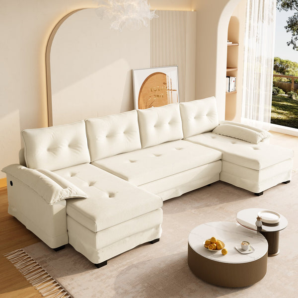 English Elm 109.5" Oversized U-shaped Sectional Sleeper Chenille Modular Sofa with Usb Ports Beige+White W1885S00438