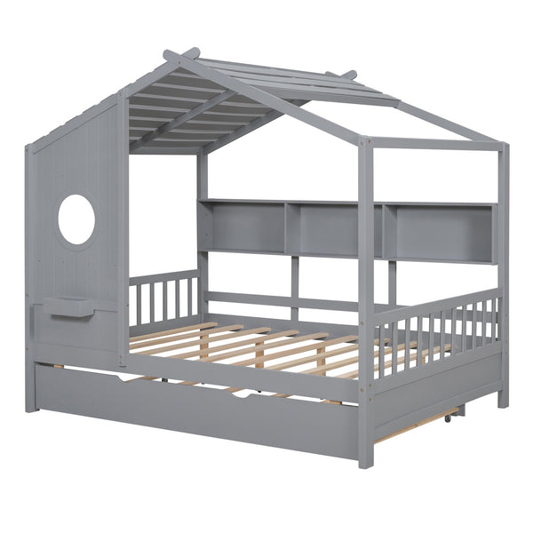 English Elm Wooden Full Size House Bed with Trundle and Built-In Shelves — Modern Pine Frame, Whimsical Roof Design Gray 57.2 L x 16.25 W x 5.9 H N733S316125E