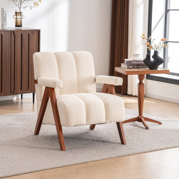 English Elm Mid-century Modern Chenille Lounge Chair Set Oak Frame Cloud Silhouette Living Room Beige W1170S00052