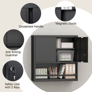 English Elm Metal Wall Mounted Steel Cabinet Lockable Doors Adjustable Shelves Kitchen Office Storage Black T3625P366858