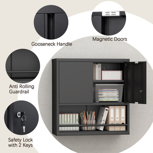 English Elm Metal Wall Mounted Steel Cabinet Lockable Doors Adjustable Shelves Kitchen Office Storage Black T3625P366858