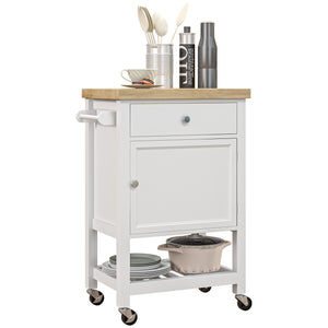 English Elm HOMCOM Rolling Kitchen Cart with Rubberwood Butcher Block Top, Drawer Cabinet Shelf & Towel Rack White W2225P217386