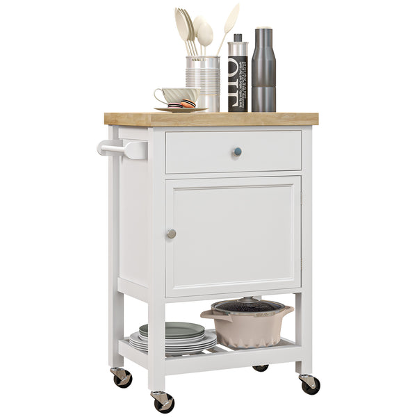 English Elm HOMCOM Rolling Kitchen Cart with Rubberwood Butcher Block Top, Drawer Cabinet Shelf & Towel Rack White W2225P217386