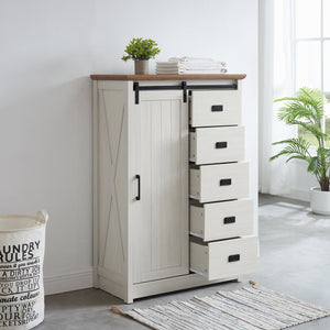 English Elm 5 Drawer Dresser with Sliding Barn Door — Farmhouse Modern MDF Chest with Metal Handle, Adjustable Shelves, Spacious Top White W2275P206613