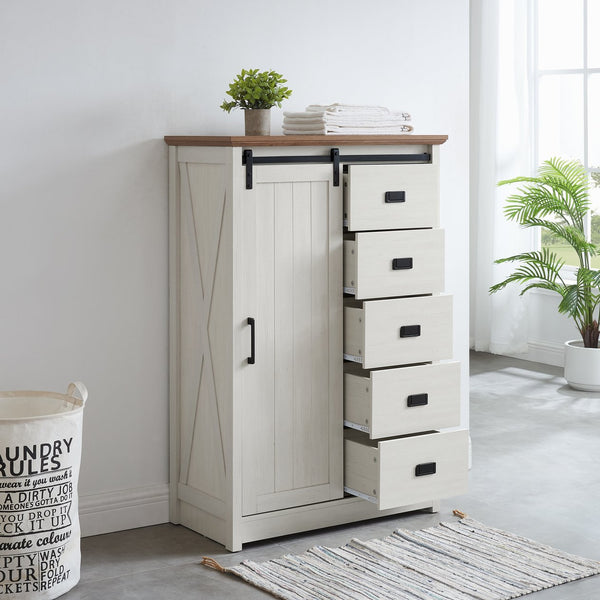 English Elm 5 Drawer Dresser with Sliding Barn Door — Farmhouse Modern MDF Chest with Metal Handle, Adjustable Shelves, Spacious Top White W2275P206613