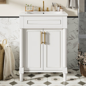 English Elm 24" Bathroom Vanity with Integrated Ceramic Sink and Adjustable Shelf, Vintage Hardware, Space-Saving Design White N710P277711K