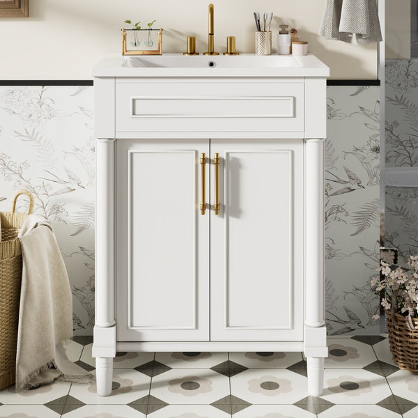 English Elm 24" Bathroom Vanity with Integrated Ceramic Sink and Adjustable Shelf, Vintage Hardware, Space-Saving Design White N710P277711K