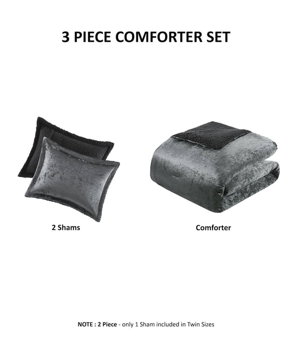 English Elm 3 Piece Crushed Velvet Reversible Comforter Set Full Queen Luxe Hypoallergenic Bedding Charcoal B035P319857