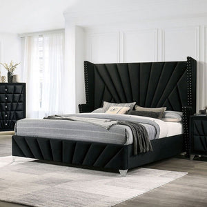 English Elm Bedroom Wooden Queen Bed with High Panel Headboard, Gold Trim Accent, Modern Luxury Design Black 84 L x 40.5 W x 3.3 H B2741S00113