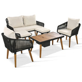 English Elm K&K 6-Piece Rope Patio Furniture Set, Outdoor Furniture With Acacia Wood Cool Bar Table With Ice Bucket , Deep Seat Patio Conversation Set With Two Stools For Backyard Porch Balcony (Black & Beige)