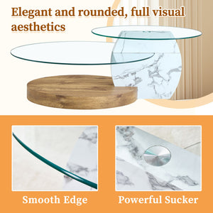 English Elm Contemporary Dual Tier Oval Glass Coffee Table with Marble and Wood Tone Base W1151P233589