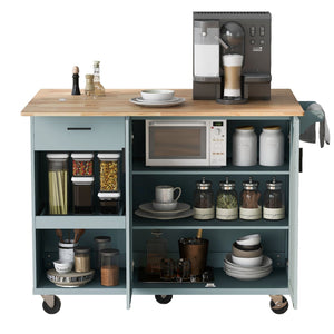 English Elm K&K Kitchen Island with Foldable Countertop, Spacious Mobile Storage Cart, Soft-Close Doors, Durable Rubberwood Top and Locking Wheels Grey-Blue N707P173036G