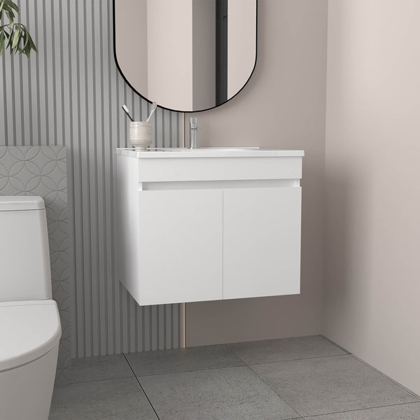 English Elm Bathroom Sleek Single-Door Vanity with Integrated Sink — Modern Minimalist Engineered Wood Storage, Durable & Eco-Friendly White 28.74 L x 23.23 W x 12.99 H B097P296872