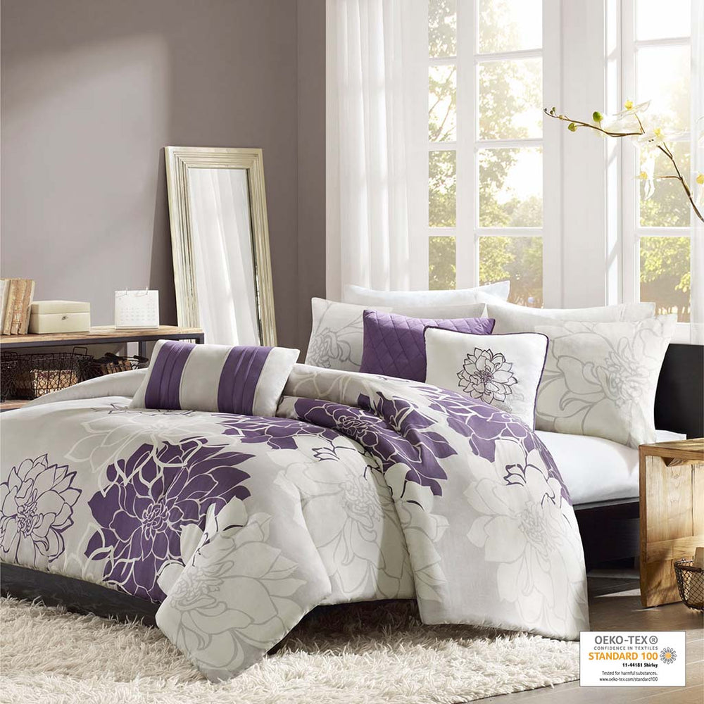 JLA Home Madison Park - 6 Piece Printed Duvet Cover Set with Floral & Stripe Motifs, OEKO-TEX Cotton, Button Closure Tie System Taupe Grey/Purple MP12-260