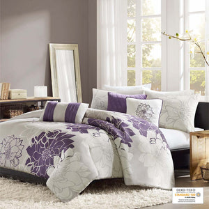 JLA Home Madison Park - 6 Piece Printed Duvet Cover Set with Floral & Stripe Motifs, OEKO-TEX Cotton, Button Closure Tie System Taupe Grey/Purple MP12-260