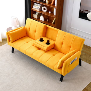 English Elm 70-inch Foldable Cotton Linen Sofa Bed with Cup Holder & Side Storage, Space-Saving 2-Seater Design Yellow W3371P337202