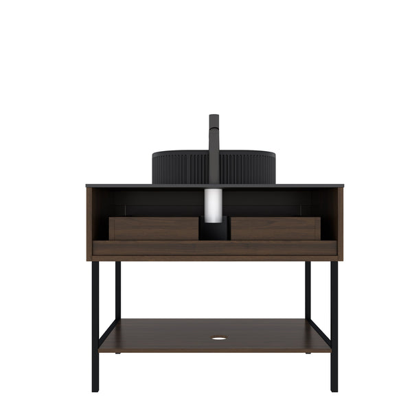 English Elm ZENO Black Ceramic Basin Vanity with Sintered Stone Top, Soft-Close Drawer, Open Shelf, 39.4" W2615S00067