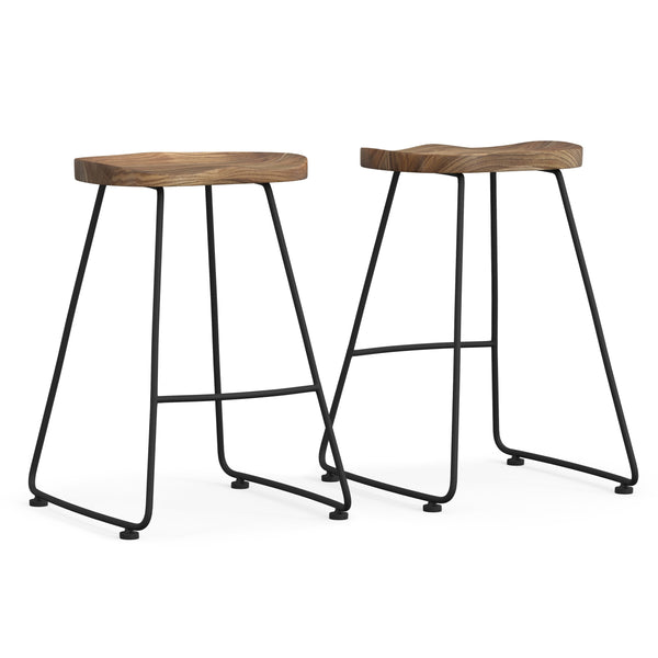 English Elm Amberly Rustic Industrial 24" Saddle Counter Height Stools Set of 2 - Elmwood Seats, Black Iron Legs B136P158310