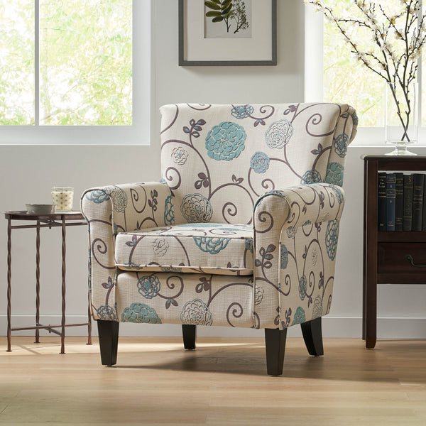 English Elm Jasmine Floral Upholstered Club Chair with Tapered Birch Legs and Tonal Piping Detail 52052.00WBLU