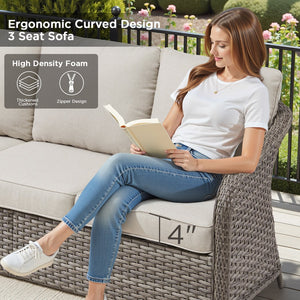 English Elm 73.6" Handwoven Pe Wicker Outdoor Sofa Three Seat Sculptural Arc Design with Cushions T3773P418581