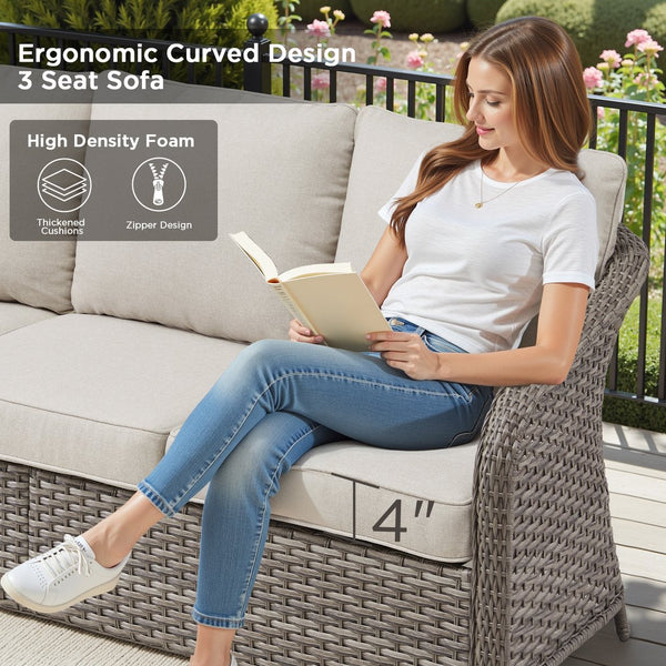 English Elm 73.6" Handwoven Pe Wicker Outdoor Sofa Three Seat Sculptural Arc Design with Cushions T3773P418581