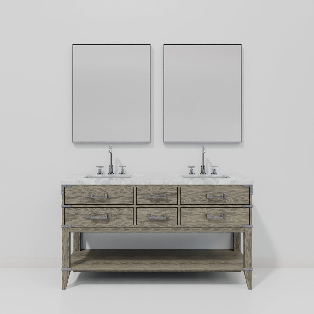 English Elm Grey Oak Double Bath Vanity With Carrara Marble Top, 28” Mirrors & Chrome Faucet Set - Stylish Storage! B2731S01893