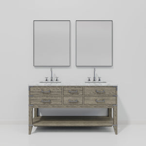English Elm Grey Oak Double Bath Vanity With Carrara Marble Top, 28” Mirrors & Chrome Faucet Set - Stylish Storage! B2731S01893
