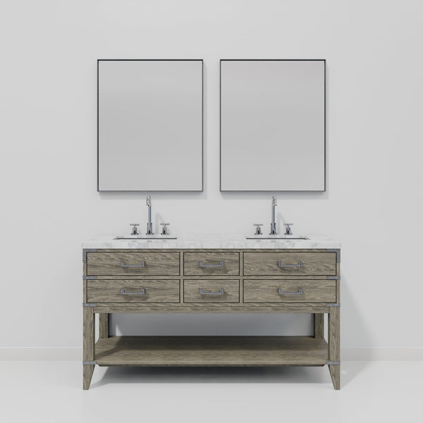 English Elm Grey Oak Double Bath Vanity With Carrara Marble Top, 28” Mirrors & Chrome Faucet Set - Stylish Storage! B2731S01893