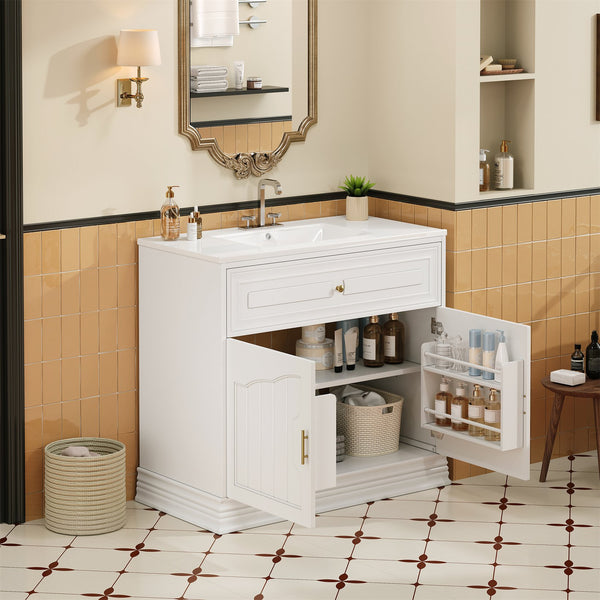 English Elm 36" Luxurious Bathroom Vanity with Ceramic Sink and Soft-Close Doors, Solid Wood Frame, Adjustable Shelves White N710P288944K