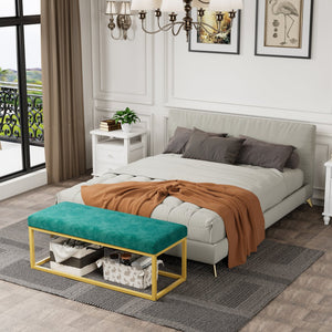English Elm Storage Bench Green Velvet PU Leather with Gold Steel Frame, Mid-Century Entryway Seat, 600lb Capacity, 48.8"L W578P357538