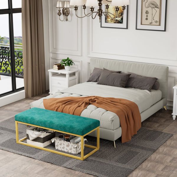 English Elm Storage Bench Green Velvet PU Leather with Gold Steel Frame, Mid-Century Entryway Seat, 600lb Capacity, 48.8"L W578P357538