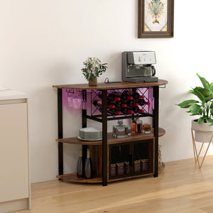 English Elm HOMCOM Industrial Wine Bar Cabinet with LED Lights, Charging Station, 10-Bottle Rack, Rustic Brown W2225P200789