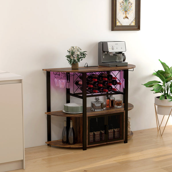 English Elm HOMCOM Industrial Wine Bar Cabinet with LED Lights, Charging Station, 10-Bottle Rack, Rustic Brown W2225P200789