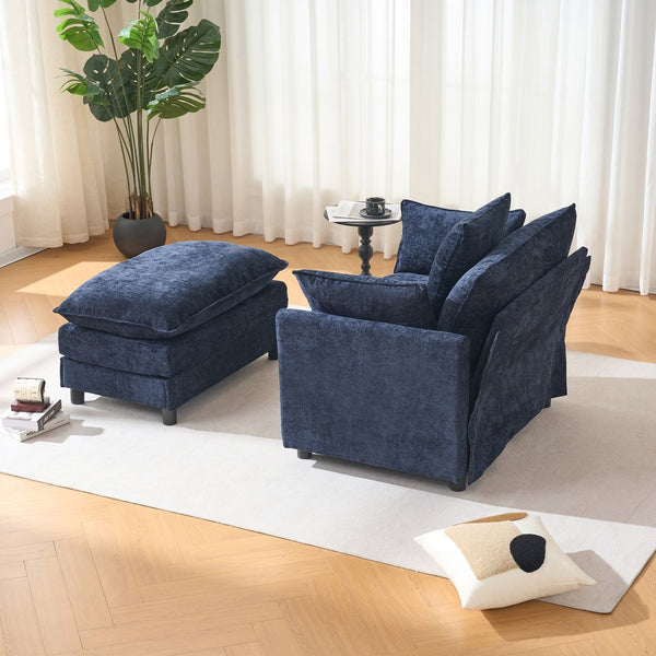 English Elm 39.4" Chenille Club Chair with Ottoman Solid Wood Frame Contemporary Living Room Seat Blue W3244P427715