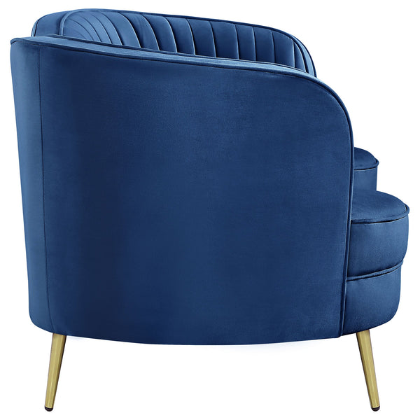 English Elm Marsden Blue Velvet Loveseat with Vertical Channel Tufting, Inverted Camelback Silhouette & Gold Legs B062P357778