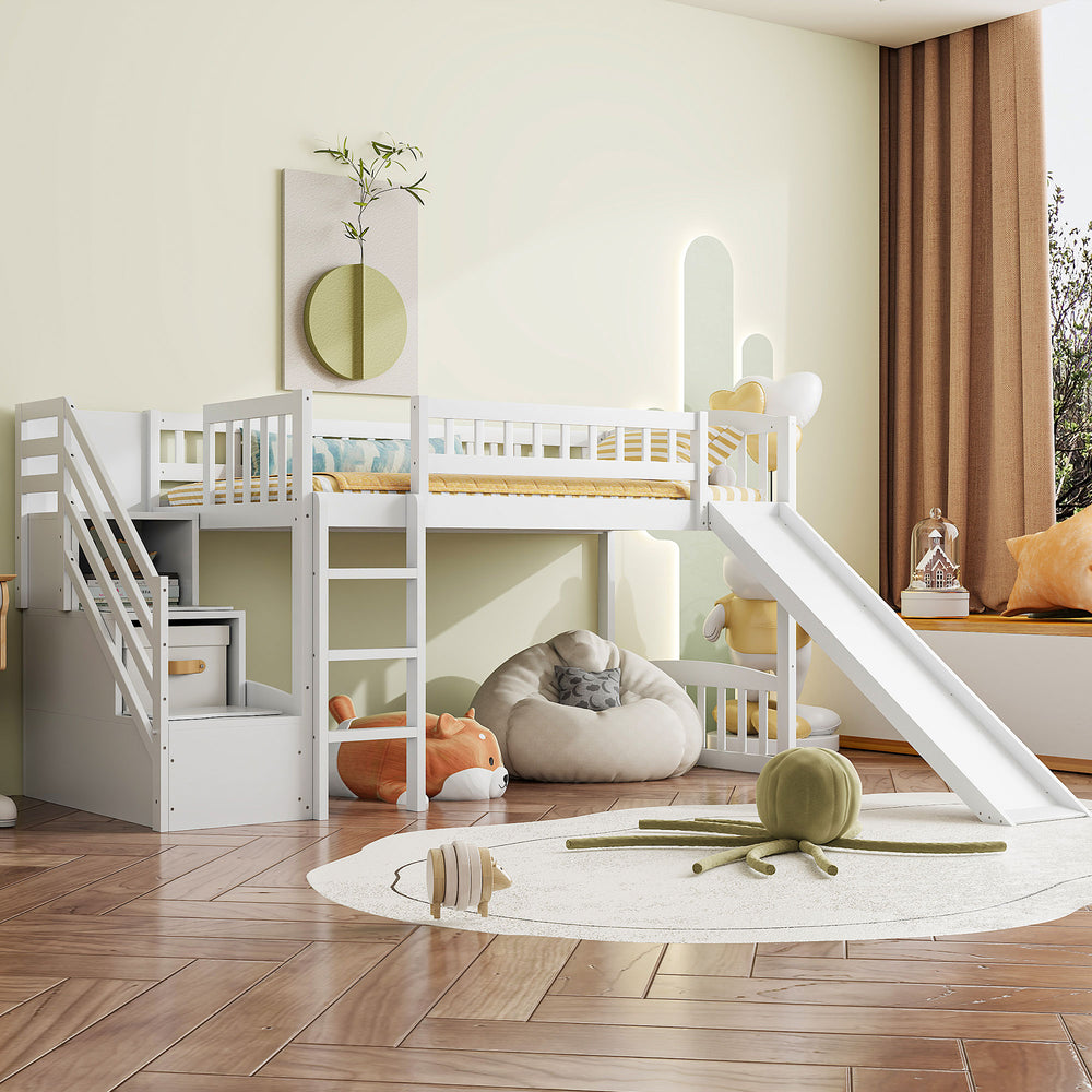 English Elm Stairway Twin Loft Bed with Storage Staircase Slide and Guardrails for Kids White LT000515AAK-2
