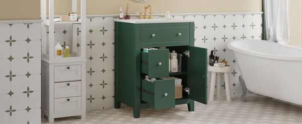 English Elm 24" Modern Bathroom Vanity with Ceramic Basin, French Country Cross-Grid Design & Soft-Close Drawers Green N710P280655F