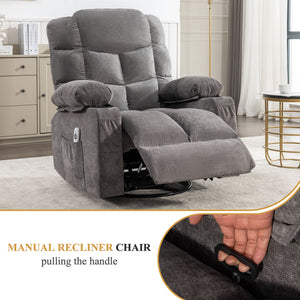 English Elm Oversized Swivel Recliner with Massage Heating Linen Upholstery and Usb Port Gray W1521P411670