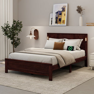 English Elm Queen Pinewood Platform Bed Farmhouse Tall Panel Headboard with Led Lighting and Usb Ports Walnut W504P391092