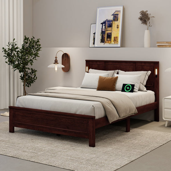 English Elm Queen Pinewood Platform Bed Farmhouse Tall Panel Headboard with Led Lighting and Usb Ports Walnut W504P391092