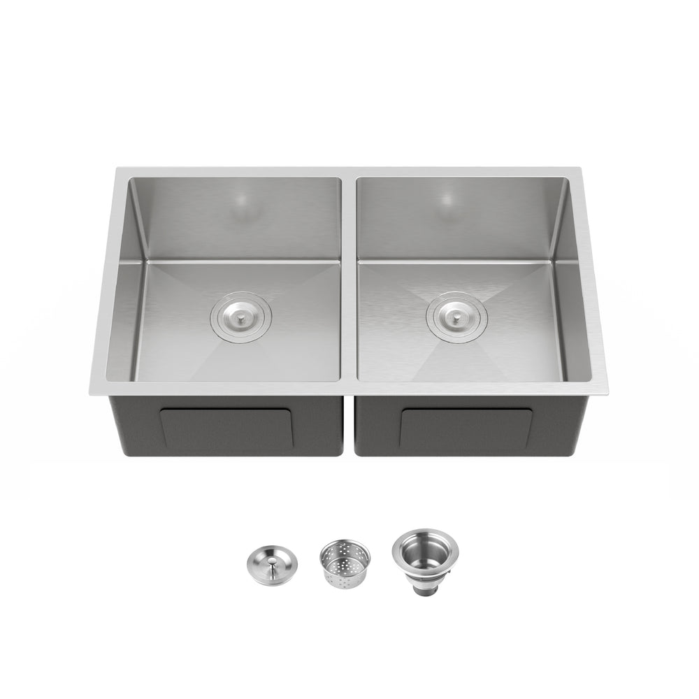 English Elm 33"x19" Handmade Stainless Steel Undermount Double Bowl Sink for Modern Kitchens T3177P296196