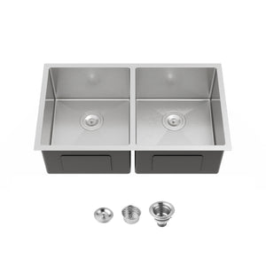 English Elm 33"x19" Handmade Stainless Steel Undermount Double Bowl Sink for Modern Kitchens T3177P296196