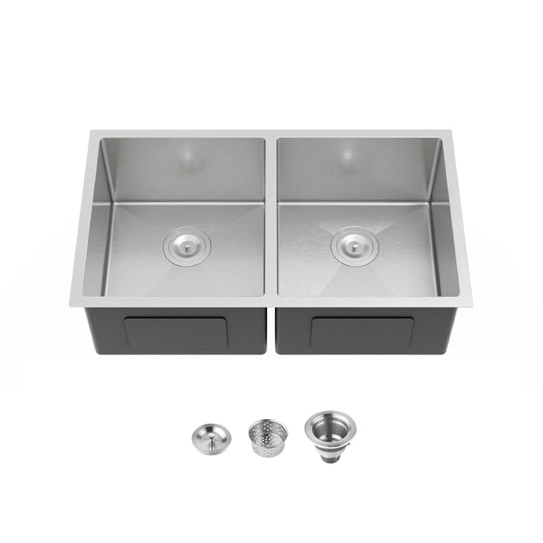English Elm 33"x19" Handmade Stainless Steel Undermount Double Bowl Sink for Modern Kitchens T3177P296196