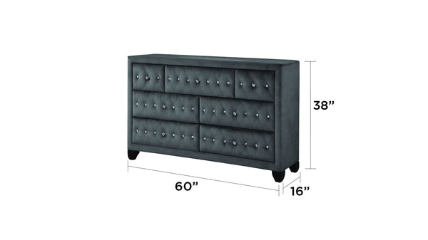 English Elm Sophia Gray 7-Drawer Tufted Velvet Dresser — Modern Crystal Accents, Soft Fabric Drawers, Spacious Storage 733569301591