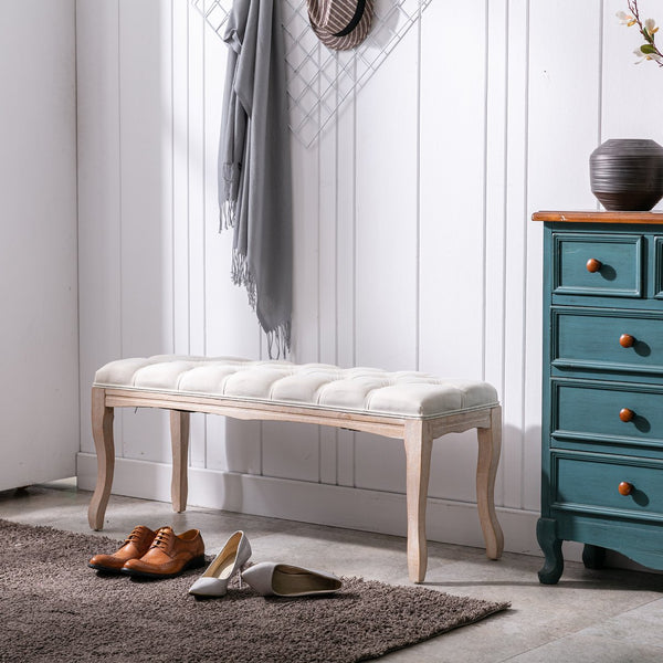 English Elm Bedroom Bench Tufted Linen Seat with Carved Distressed Wood Legs French Country Style Beige W3244P493647