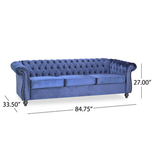 English Elm Christopher Knight Home® - 3 Seater Chesterfield Sofa with Button Tufted Diamond Stitch, Nailhead Accents & Scrolled Arms - Low Profile Blue N771P262584U