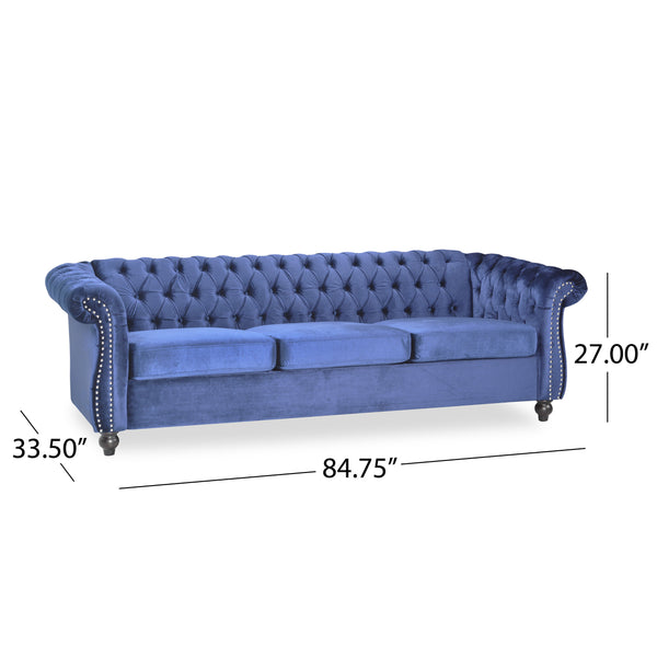 English Elm Christopher Knight Home® - 3 Seater Chesterfield Sofa with Button Tufted Diamond Stitch, Nailhead Accents & Scrolled Arms - Low Profile Blue N771P262584U