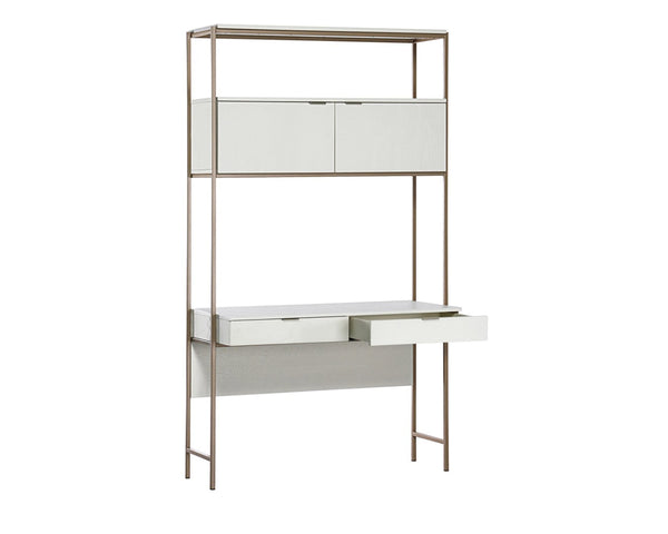 Sunpan AMBROSE Modular Wall Desk - Elegant Cream Oak & Champagne Gold Storage Solution for Modern Spaces 107643