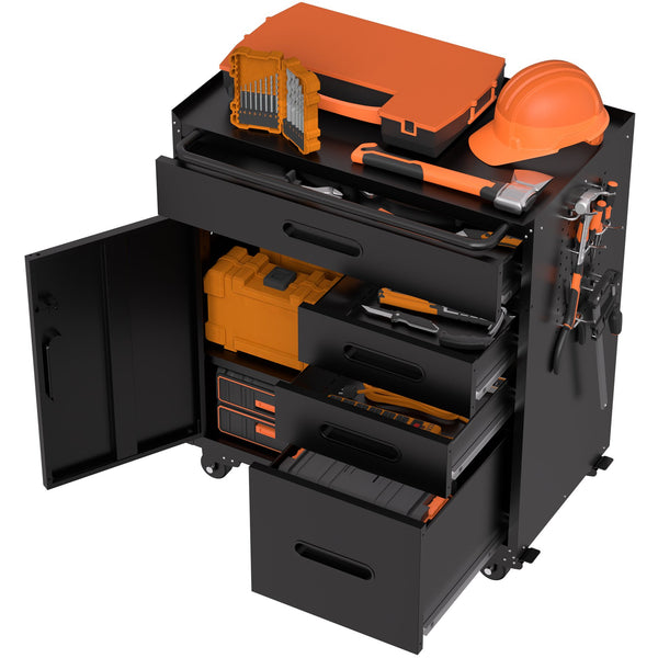 English Elm 34.3" Rolling Steel Workshop Cabinet with 3 Drawers Lockable Doors and Pegboard Sides W2735P428817
