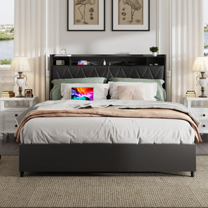 English Elm Full Full Size Bed Frame with Ergonomic Headboard, Built-In Outlets, Charger & Storage Shelf Black W3107P262746